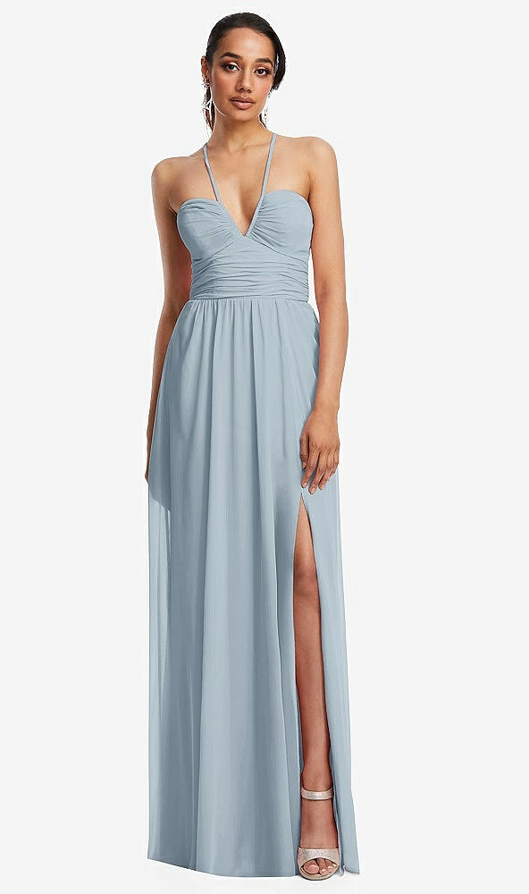 Front View - Mist Plunging V-Neck Criss Cross Strap Back Maxi Dress