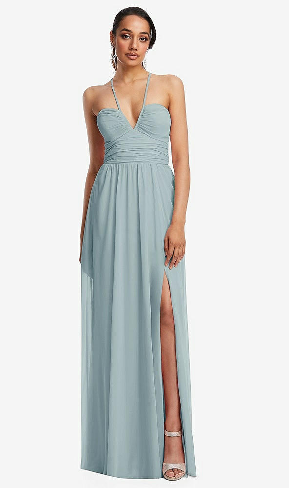 Front View - Morning Sky Plunging V-Neck Criss Cross Strap Back Maxi Dress