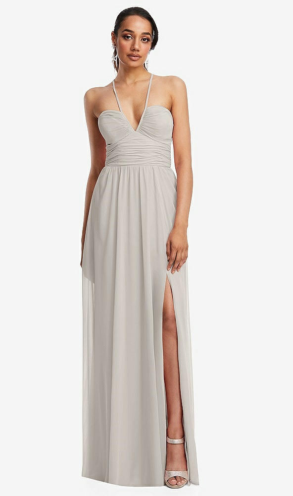 Front View - Oyster Plunging V-Neck Criss Cross Strap Back Maxi Dress