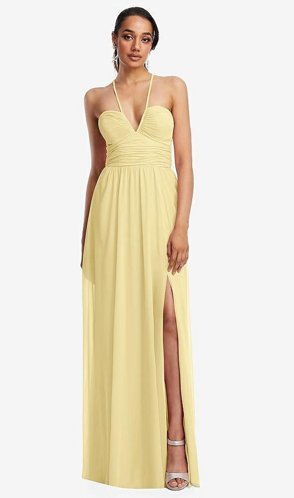 Front View - Pale Yellow Plunging V-Neck Criss Cross Strap Back Maxi Dress