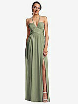 Front View Thumbnail - Sage Plunging V-Neck Criss Cross Strap Back Maxi Dress