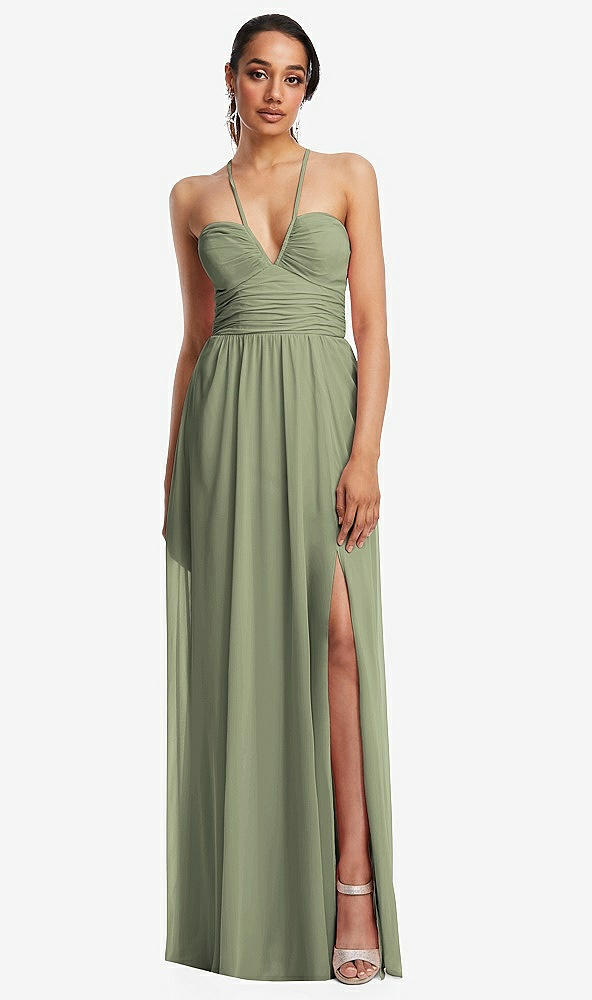 Front View - Sage Plunging V-Neck Criss Cross Strap Back Maxi Dress