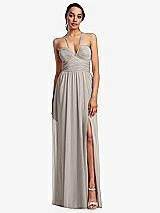 Front View Thumbnail - Taupe Plunging V-Neck Criss Cross Strap Back Maxi Dress