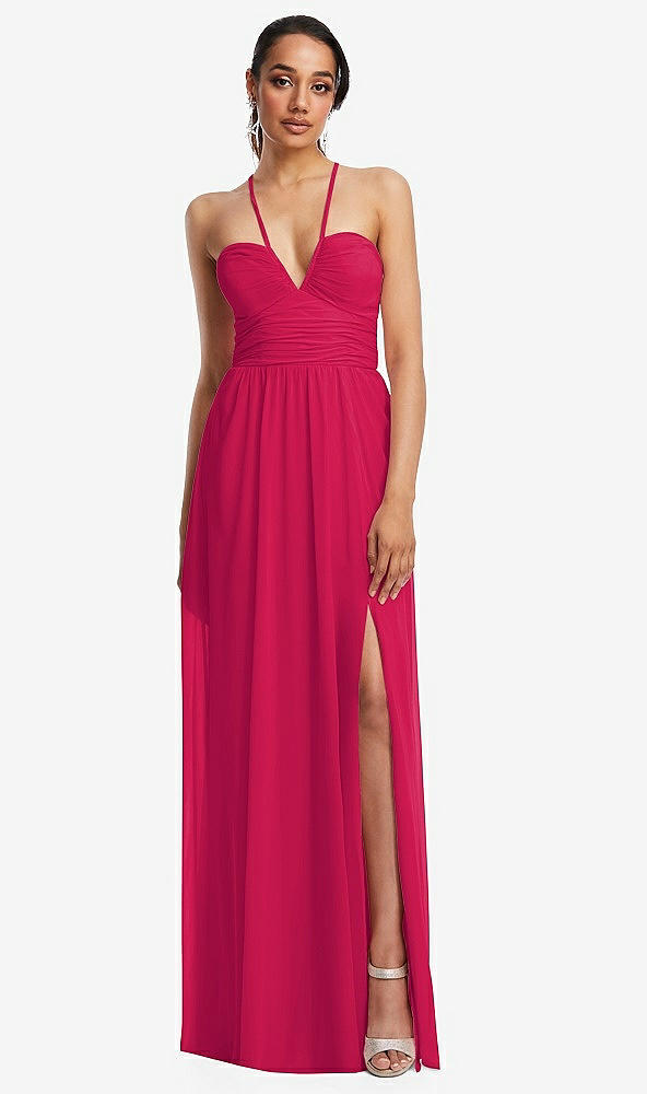 Front View - Vivid Pink Plunging V-Neck Criss Cross Strap Back Maxi Dress