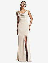 Front View Thumbnail - Oat Cowl-Neck Wide Strap Crepe Trumpet Gown with Front Slit