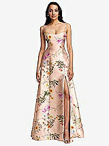 Front View Thumbnail - Butterfly Botanica Pink Sand Open Neck Cutout Floral Satin A-Line Gown with Pockets