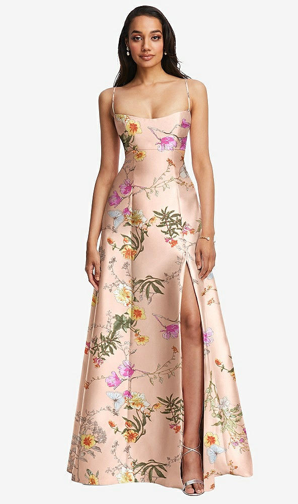 Front View - Butterfly Botanica Pink Sand Open Neck Cutout Floral Satin A-Line Gown with Pockets