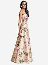 Side View Thumbnail - Butterfly Botanica Pink Sand Open Neck Cutout Floral Satin A-Line Gown with Pockets