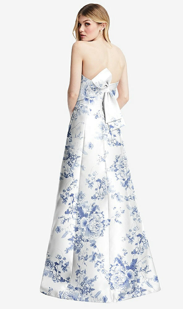 Back View - Cottage Rose Larkspur Strapless A-line Floral Satin Gown with Modern Bow Detail
