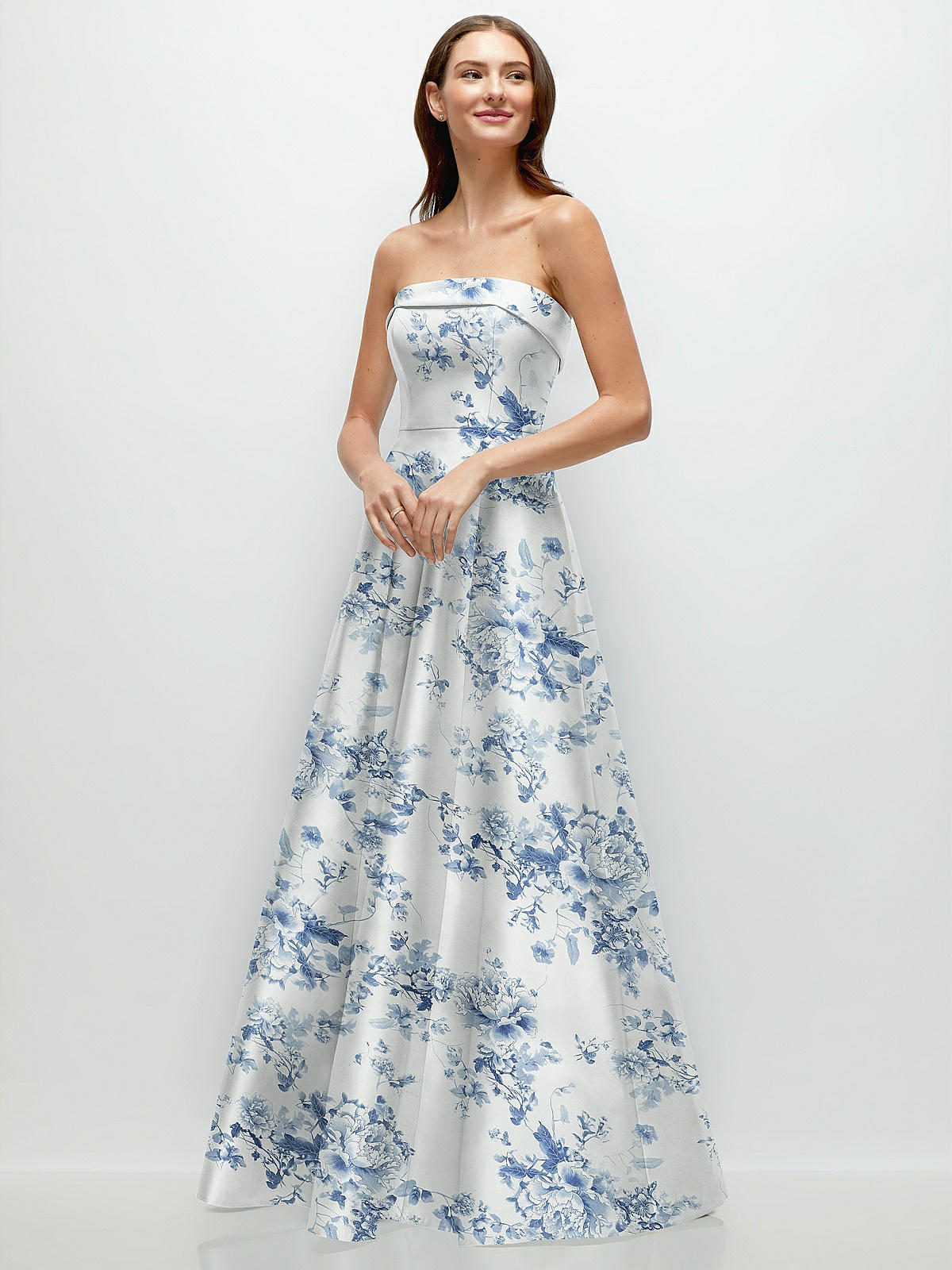 Strapless Bias Cuff Bodice Floral Satin Gown with Pockets