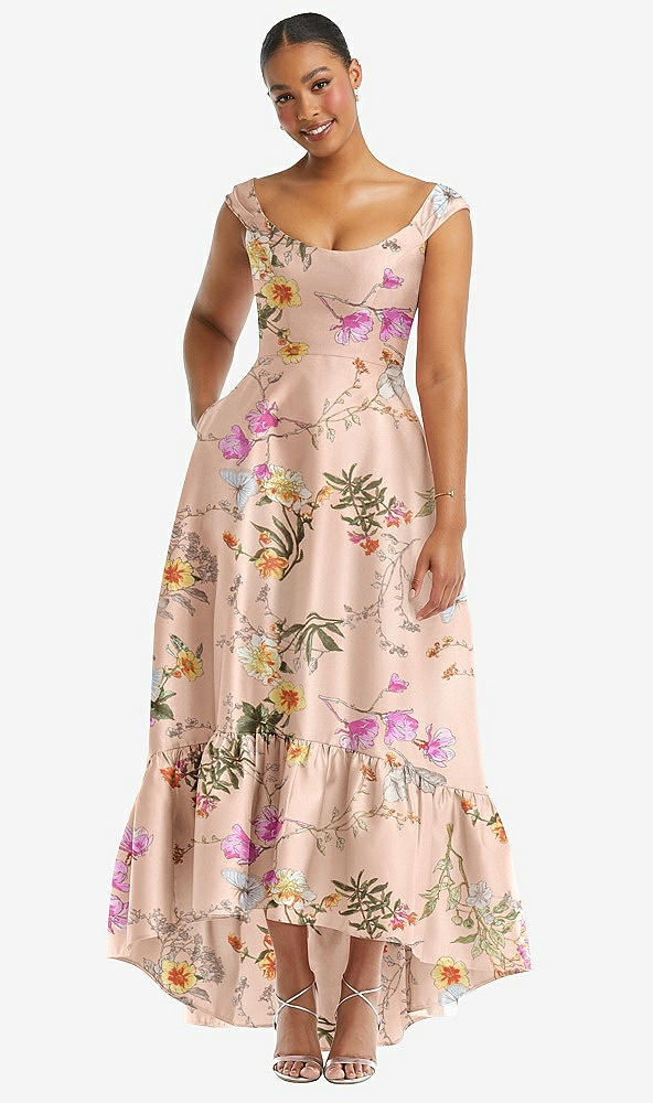 Front View - Butterfly Botanica Pink Sand Cap Sleeve Deep Ruffle Hem Floral High Low Dress with Pockets