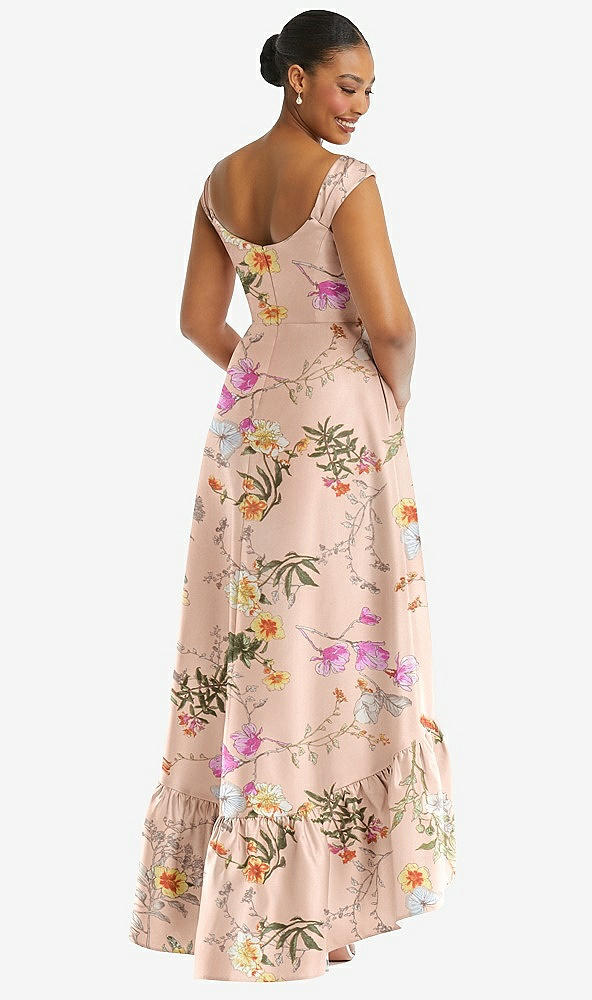 Back View - Butterfly Botanica Pink Sand Cap Sleeve Deep Ruffle Hem Floral High Low Dress with Pockets