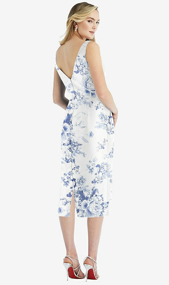 Back View - Cottage Rose Larkspur Sleeveless Pleated Bow-Waist Floral Satin Pencil Dress with Pockets