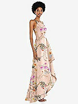 Alt View 2 Thumbnail - Butterfly Botanica Pink Sand One-Shoulder Floral Satin Gown with Draped Front Slit