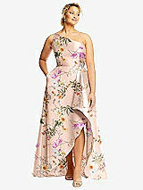 Front View Thumbnail - Butterfly Botanica Pink Sand One-Shoulder Floral Satin Gown with Draped Front Slit