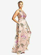 Side View Thumbnail - Butterfly Botanica Pink Sand One-Shoulder Floral Satin Gown with Draped Front Slit