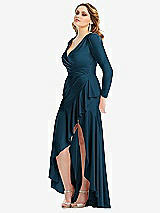 Side View Thumbnail - Atlantic Blue Long Sleeve Pleated Wrap Ruffled High Low Stretch Satin Gown