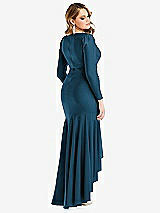 Rear View Thumbnail - Atlantic Blue Long Sleeve Pleated Wrap Ruffled High Low Stretch Satin Gown
