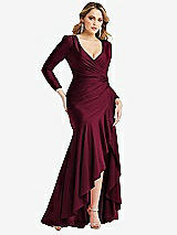 Front View Thumbnail - Cabernet Long Sleeve Pleated Wrap Ruffled High Low Stretch Satin Gown