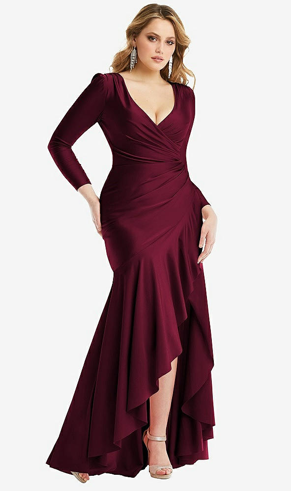Front View - Cabernet Long Sleeve Pleated Wrap Ruffled High Low Stretch Satin Gown