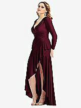 Side View Thumbnail - Cabernet Long Sleeve Pleated Wrap Ruffled High Low Stretch Satin Gown