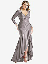 Front View Thumbnail - Cashmere Gray Long Sleeve Pleated Wrap Ruffled High Low Stretch Satin Gown