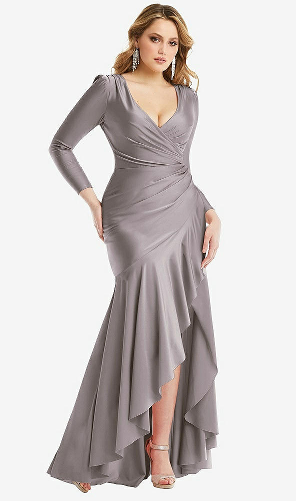 Front View - Cashmere Gray Long Sleeve Pleated Wrap Ruffled High Low Stretch Satin Gown