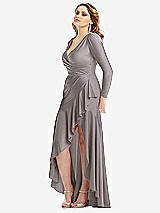 Side View Thumbnail - Cashmere Gray Long Sleeve Pleated Wrap Ruffled High Low Stretch Satin Gown
