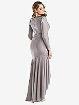 Rear View Thumbnail - Cashmere Gray Long Sleeve Pleated Wrap Ruffled High Low Stretch Satin Gown