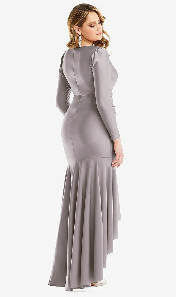 Back View - Cashmere Gray Long Sleeve Pleated Wrap Ruffled High Low Stretch Satin Gown