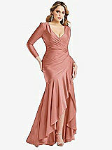 Front View Thumbnail - Desert Rose Long Sleeve Pleated Wrap Ruffled High Low Stretch Satin Gown