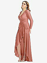 Side View Thumbnail - Desert Rose Long Sleeve Pleated Wrap Ruffled High Low Stretch Satin Gown