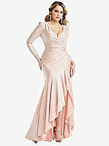 Front View Thumbnail - Ivory Long Sleeve Pleated Wrap Ruffled High Low Stretch Satin Gown
