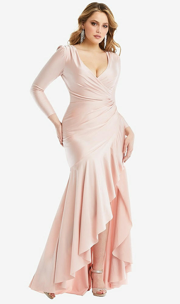 Front View - Ivory Long Sleeve Pleated Wrap Ruffled High Low Stretch Satin Gown
