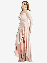 Side View Thumbnail - Ivory Long Sleeve Pleated Wrap Ruffled High Low Stretch Satin Gown