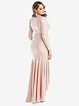 Rear View Thumbnail - Ivory Long Sleeve Pleated Wrap Ruffled High Low Stretch Satin Gown