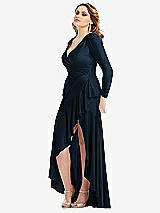 Side View Thumbnail - Midnight Navy Long Sleeve Pleated Wrap Ruffled High Low Stretch Satin Gown