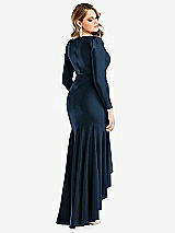 Rear View Thumbnail - Midnight Navy Long Sleeve Pleated Wrap Ruffled High Low Stretch Satin Gown