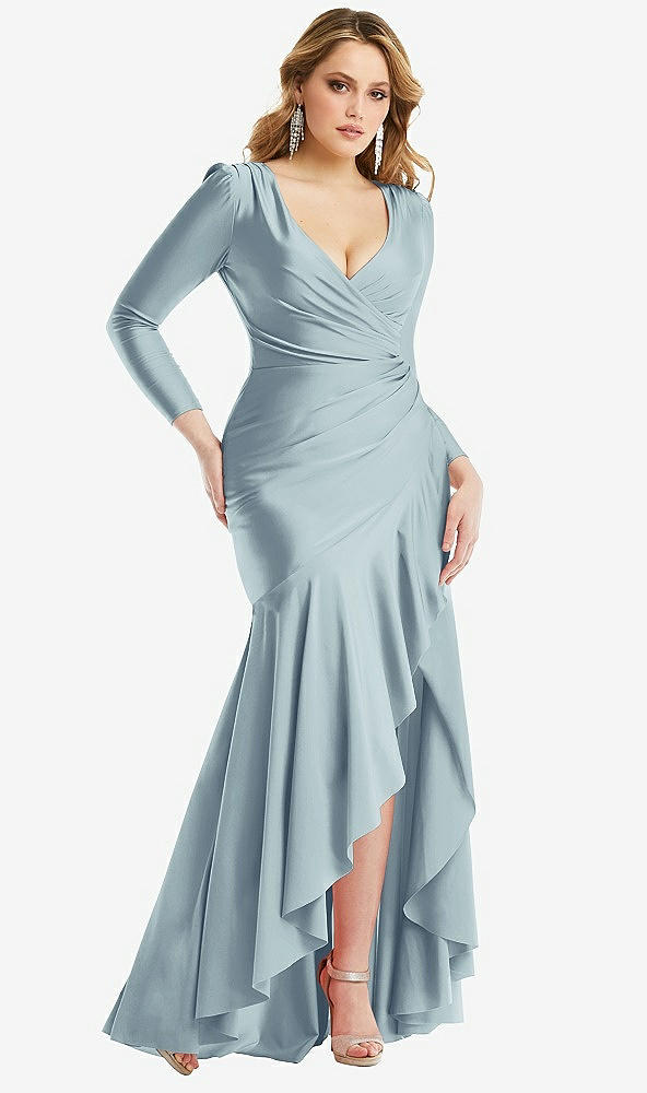 Front View - Mist Long Sleeve Pleated Wrap Ruffled High Low Stretch Satin Gown