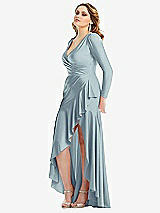 Side View Thumbnail - Mist Long Sleeve Pleated Wrap Ruffled High Low Stretch Satin Gown