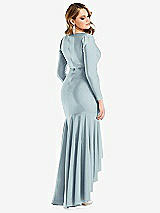 Rear View Thumbnail - Mist Long Sleeve Pleated Wrap Ruffled High Low Stretch Satin Gown