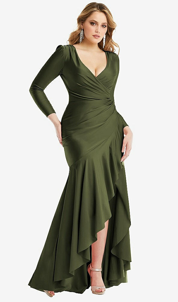 Front View - Olive Green Long Sleeve Pleated Wrap Ruffled High Low Stretch Satin Gown