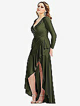 Side View Thumbnail - Olive Green Long Sleeve Pleated Wrap Ruffled High Low Stretch Satin Gown