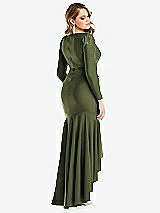 Rear View Thumbnail - Olive Green Long Sleeve Pleated Wrap Ruffled High Low Stretch Satin Gown