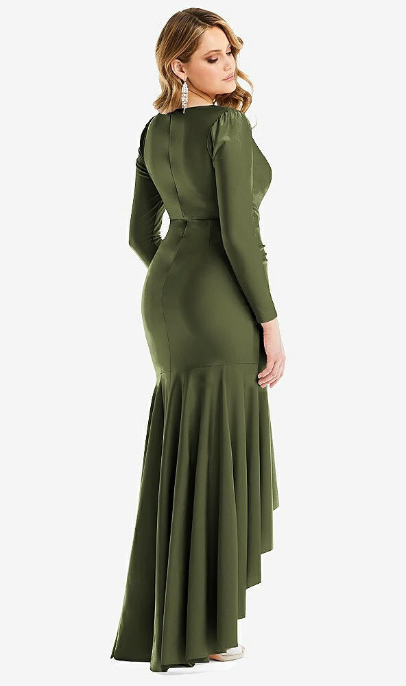 Back View - Olive Green Long Sleeve Pleated Wrap Ruffled High Low Stretch Satin Gown