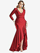 Front View Thumbnail - Poppy Red Long Sleeve Pleated Wrap Ruffled High Low Stretch Satin Gown
