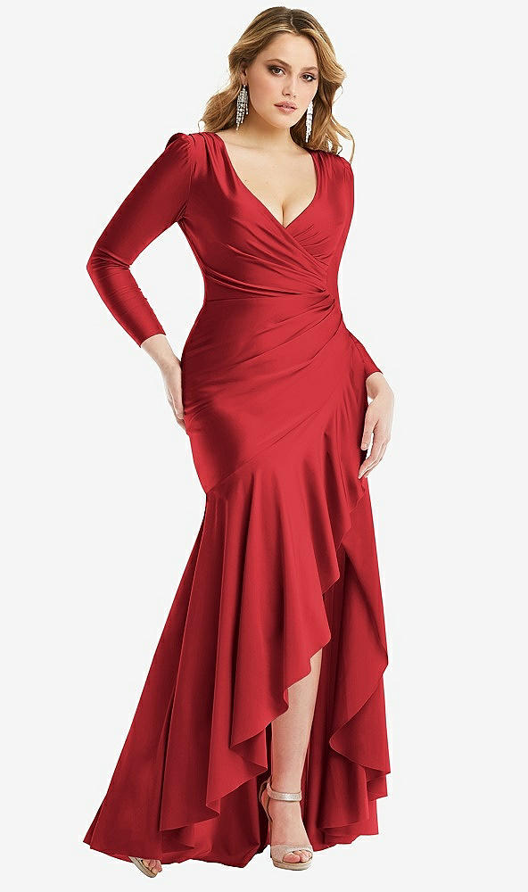 Front View - Poppy Red Long Sleeve Pleated Wrap Ruffled High Low Stretch Satin Gown