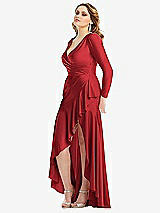 Side View Thumbnail - Poppy Red Long Sleeve Pleated Wrap Ruffled High Low Stretch Satin Gown