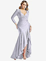Front View Thumbnail - Silver Dove Long Sleeve Pleated Wrap Ruffled High Low Stretch Satin Gown