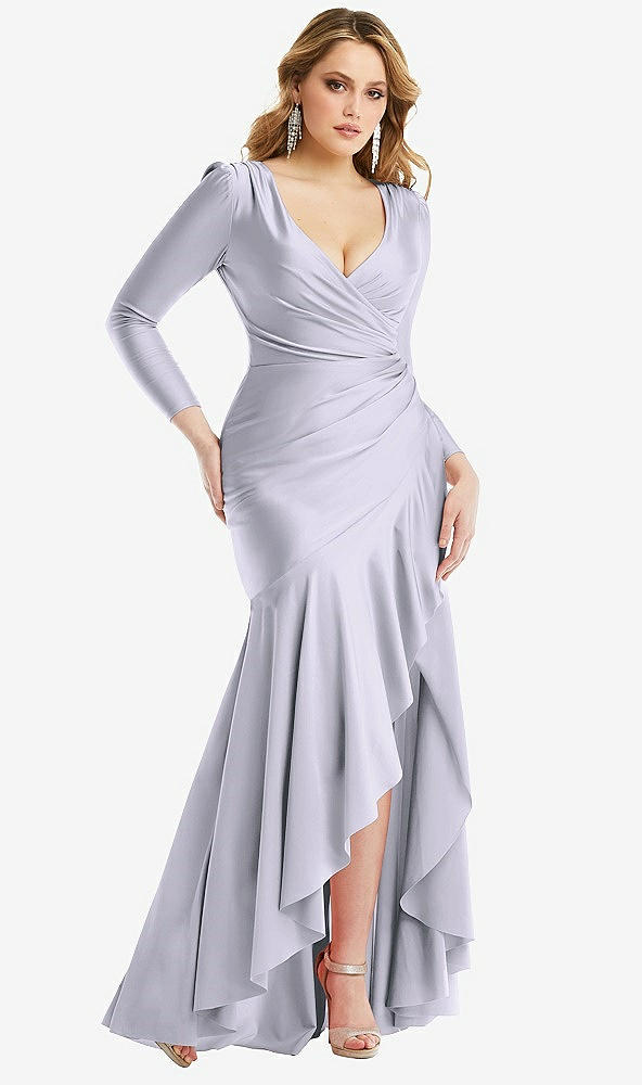Front View - Silver Dove Long Sleeve Pleated Wrap Ruffled High Low Stretch Satin Gown